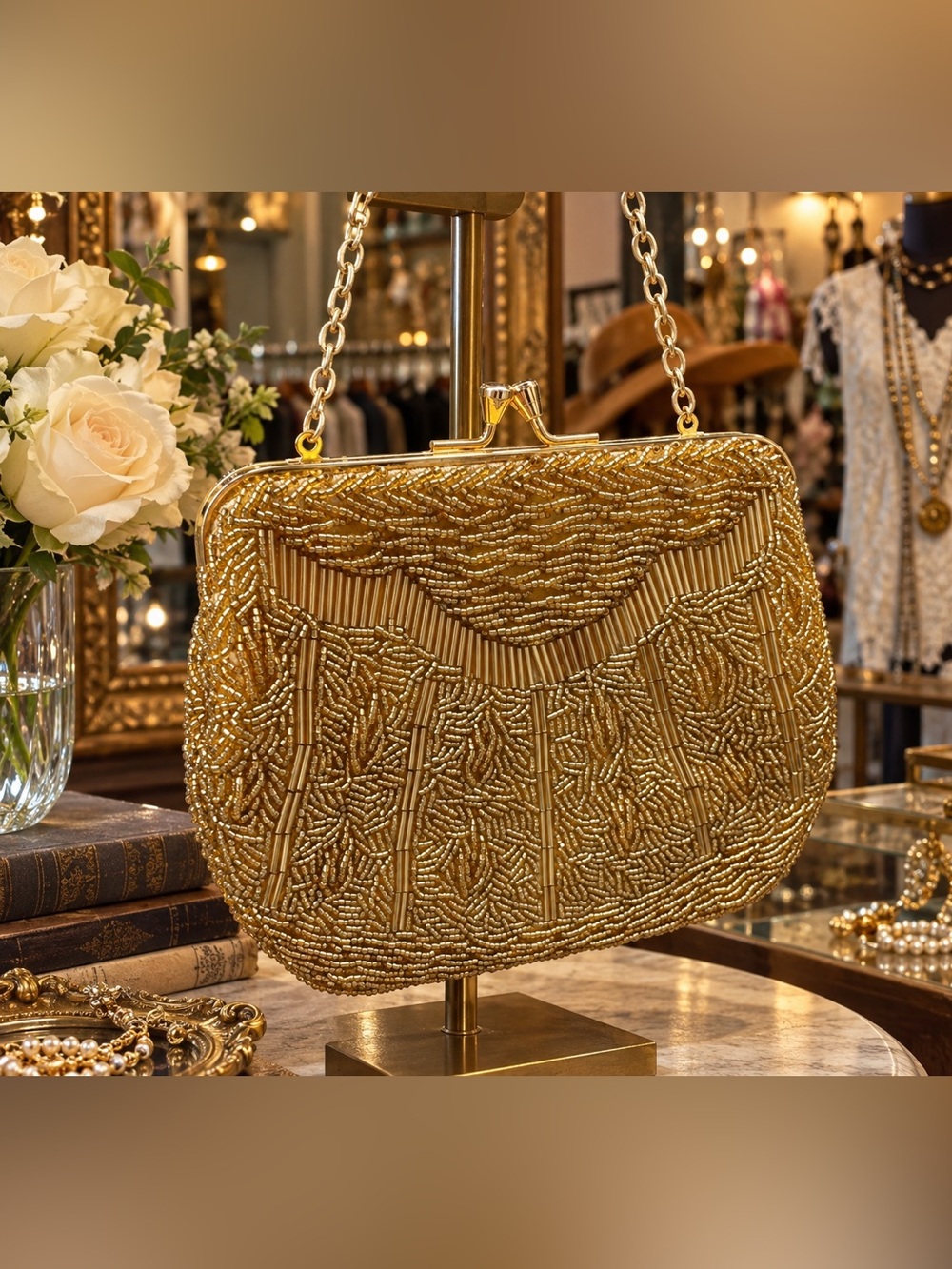 Vintage Handmade Gold Beaded Evening Handbag